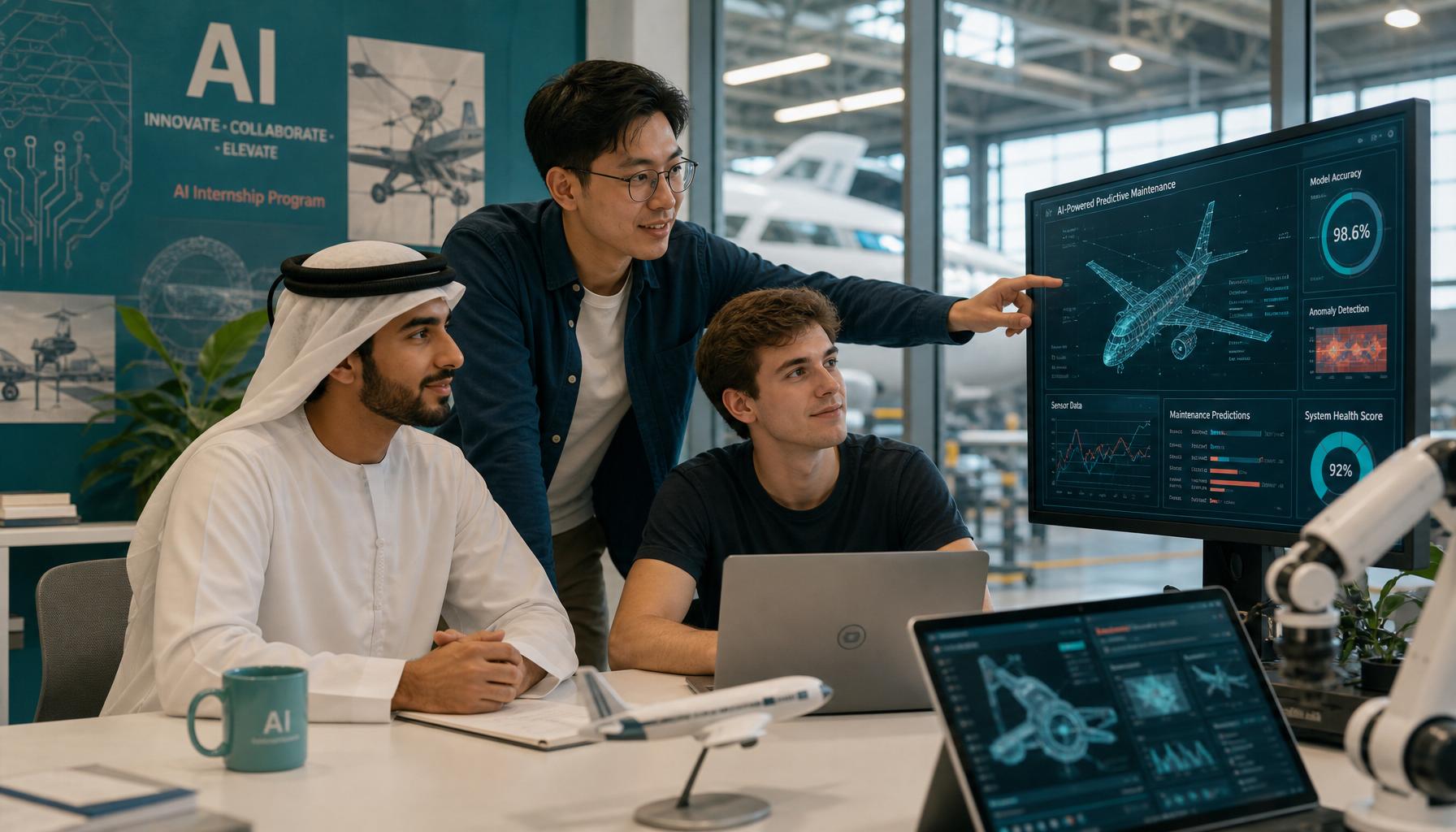 A Chinese mentor guiding an Emirati student and a French student during an AI and aviation internship