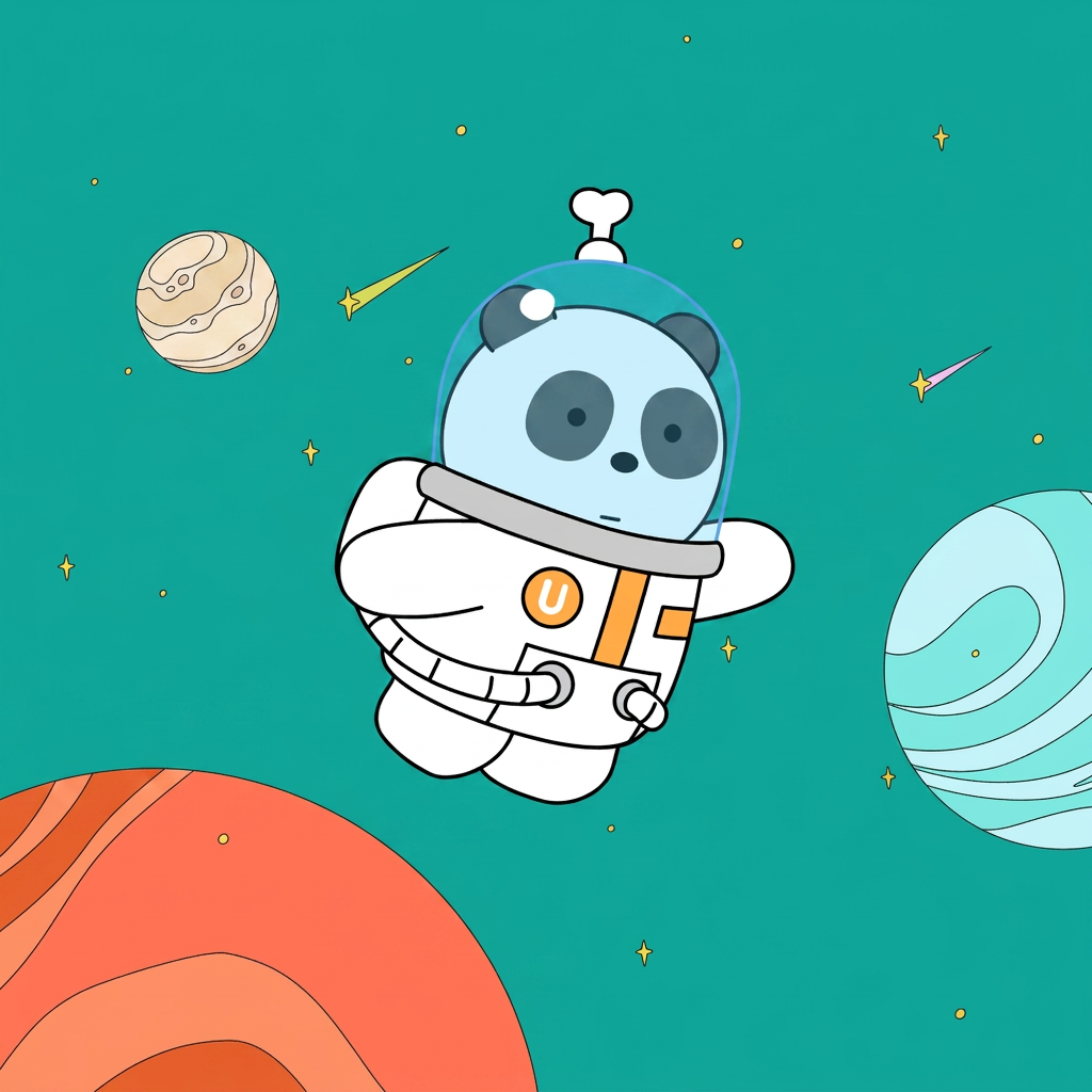 Umiverse panda astronaut floating between planets