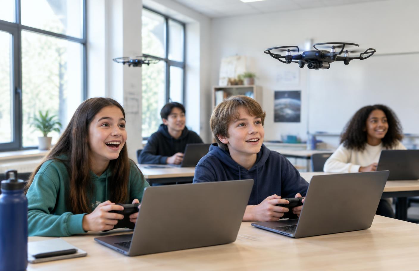 Secondary students flying and programming drones during an AI and future technologies session