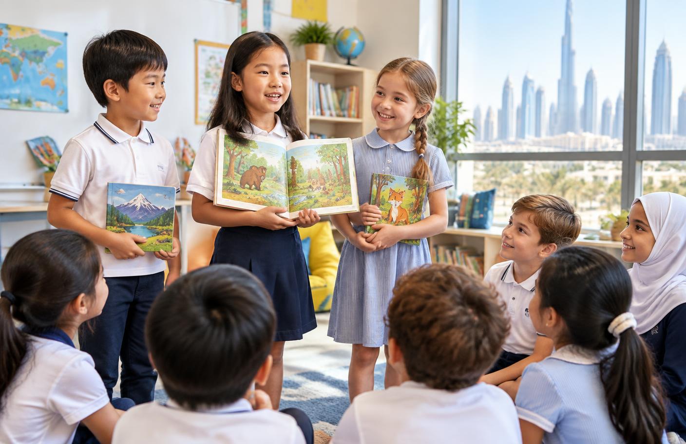 Chinese and Russian primary students practising English storytelling together in a Dubai classroom