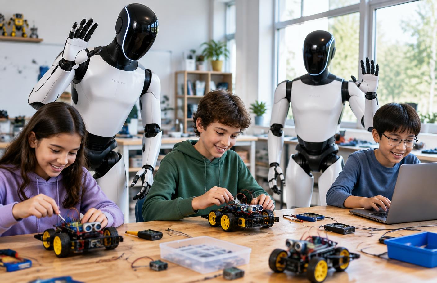 Primary students building robots alongside humanoid robots in a robotics workshop