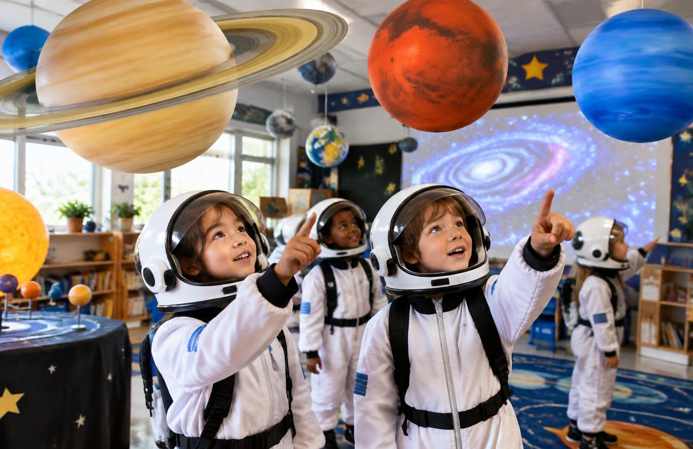 Primary students dressed as astronauts exploring a classroom full of planets